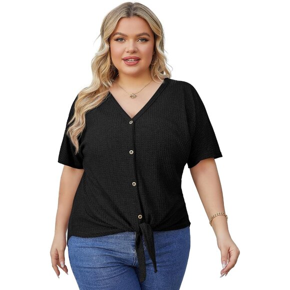 Plus Size Womens V Neck Waffle Knit Top Short Sleeve Button Front Tunic - Picture 2 of 6